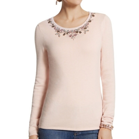 Chico's Sweaters - Chico's Embellished Neckline Belle Pullover Cotton Knit Sweater Blush NWT Size 1